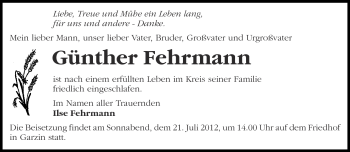 Traueranzeige von Günther Fehrmann von Märkische Oderzeitung