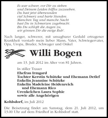 Traueranzeige von Willi Bogen von Märkische Oderzeitung