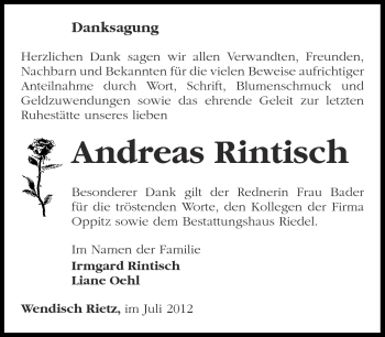 Traueranzeige von Andreas Rintisch von Märkische Oderzeitung