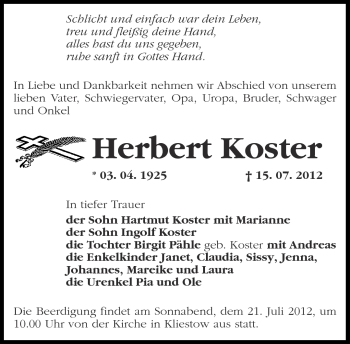 Traueranzeige von Herbert Koster von Märkische Oderzeitung