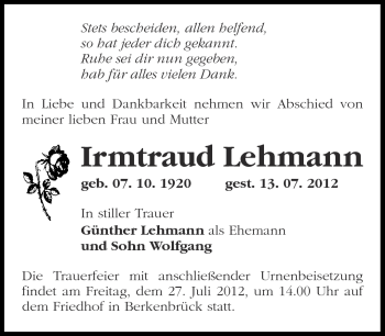 Traueranzeige von Irmtraud Lehmann von Märkische Oderzeitung