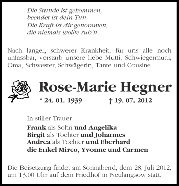 Traueranzeige von Rose-Marie Hegner von Märkische Oderzeitung