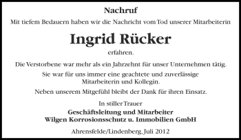 Traueranzeige von Ingrid Rücker von Märkische Oderzeitung