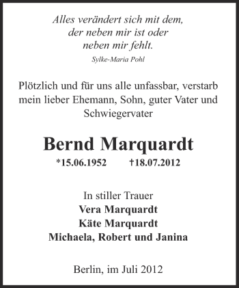 Traueranzeige von Bernd Marquardt von Märkische Oderzeitung