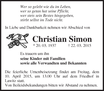 Traueranzeige von Christian Simon von Märkische Oderzeitung