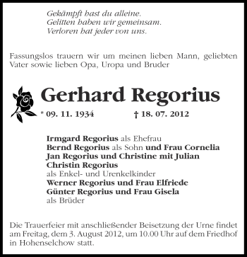 Traueranzeige von Gerhard Regorius von Märkische Oderzeitung