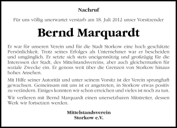 Traueranzeige von Bernd Marquardt von Märkische Oderzeitung