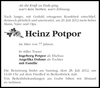 Traueranzeige von Heinz Potpor von Märkische Oderzeitung