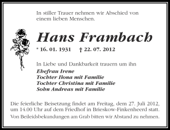 Traueranzeige von Hans Frambach von Märkische Oderzeitung