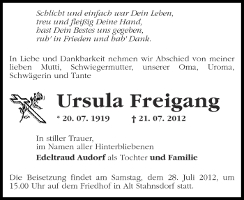 Traueranzeige von Ursula Freigang von Märkische Oderzeitung