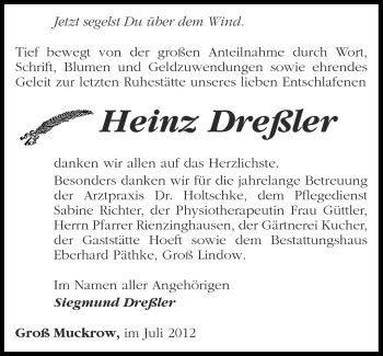 Traueranzeige von Heinz Dreßler von Märkische Oderzeitung