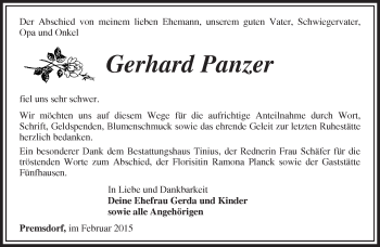 Traueranzeige von Gerhard Panzer von Märkische Oderzeitung