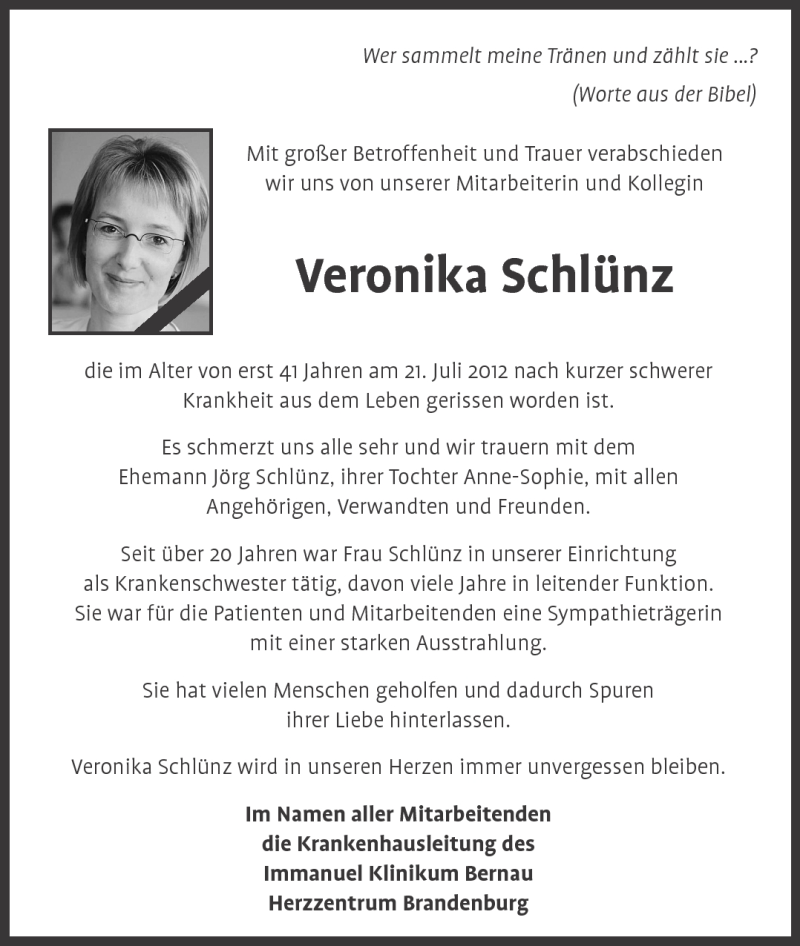  Traueranzeige für Veronika Schlünz vom 28.07.2012 aus Märkische Oderzeitung