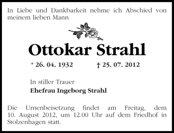 Traueranzeige von Ottokar Strahl von Märkische Oderzeitung