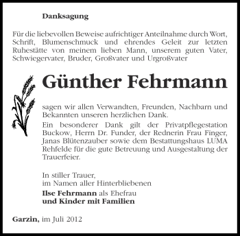 Traueranzeige von Günther Fehrmann von Märkische Oderzeitung