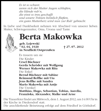 Traueranzeige von Berta Makowka von Märkische Oderzeitung