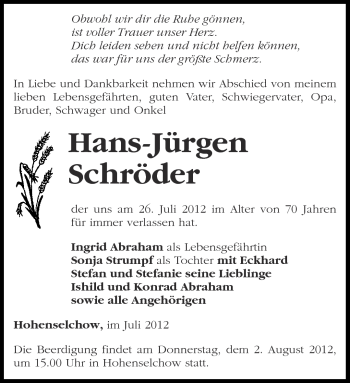 Traueranzeige von Hans-Jürgen Schröder von Märkische Oderzeitung