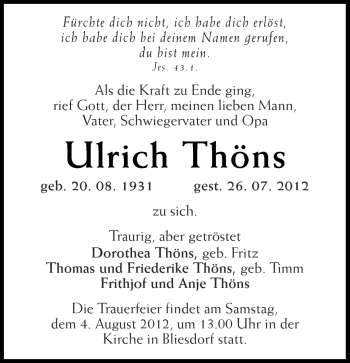 Traueranzeige von Ulrich Thöns von Märkische Oderzeitung