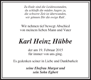 Traueranzeige von Karl Heinz Hübbe von Märkische Oderzeitung