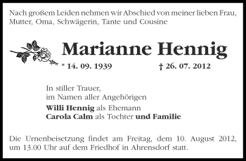 Traueranzeige von Marianne Hennig von Märkische Oderzeitung