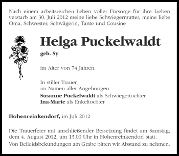 Traueranzeige von Helga Puckelwaldt von Märkische Oderzeitung