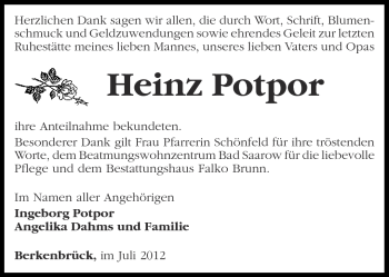 Traueranzeige von Heinz Potpor von Märkische Oderzeitung