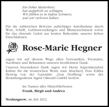 Traueranzeige von Rose-Marie Hegner von Märkische Oderzeitung