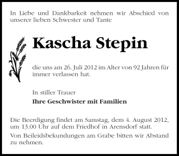 Traueranzeige von Kascha Stepin von Märkische Oderzeitung