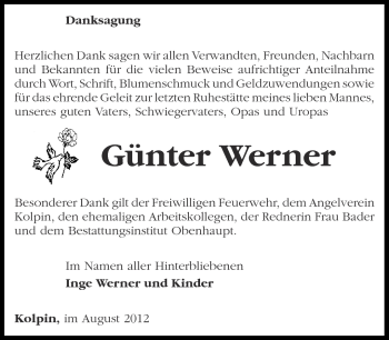 Traueranzeige von Günter Werner von Märkische Oderzeitung