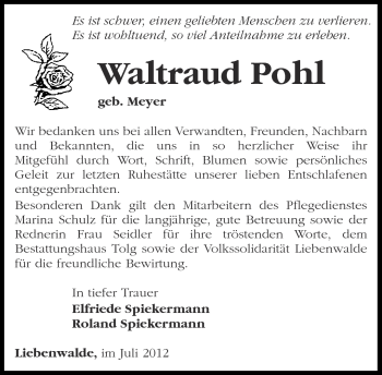 Traueranzeige von Waltraud Pohl von Märkische Oderzeitung