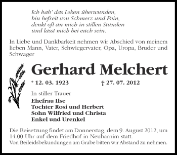 Traueranzeige von Gerhard Melchert von Märkische Oderzeitung