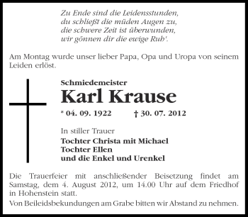 Traueranzeige von Karl Krause von Märkische Oderzeitung