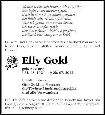 Traueranzeige von Elly Gold von Märkische Oderzeitung