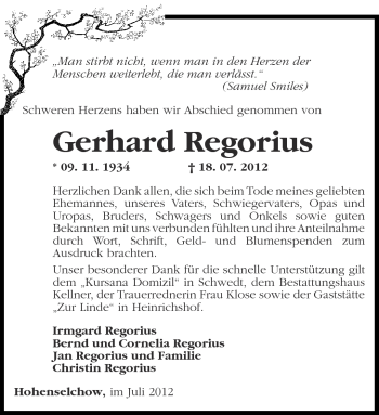 Traueranzeige von Gerhard Regorius von Märkische Oderzeitung