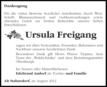 Traueranzeige von Ursula Freigang von Märkische Oderzeitung