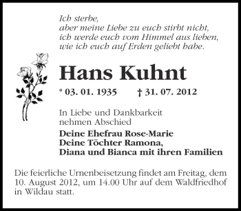 Traueranzeige von Hans Kuhnt von Märkische Oderzeitung