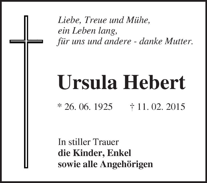  Traueranzeige für Ursula Hebert vom 21.02.2015 aus Märkische Oderzeitung