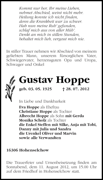 Traueranzeige von Gustav Hoppe von Märkische Oderzeitung