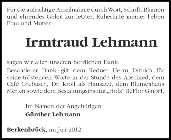 Traueranzeige von Irmtraud Lehmann von Märkische Oderzeitung