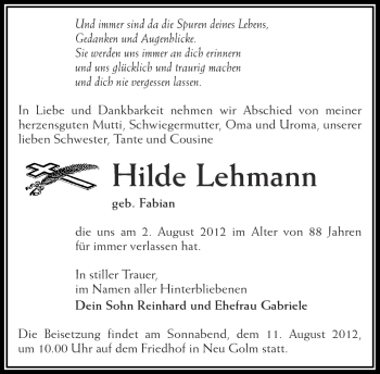 Traueranzeige von Hilde Lehmann von Märkische Oderzeitung