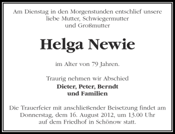 Traueranzeige von Helga Newie von Märkische Oderzeitung