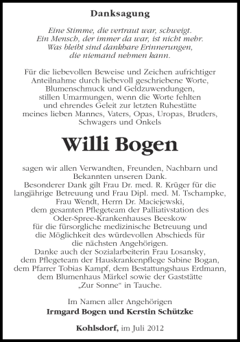 Traueranzeige von Willi Bogen von Märkische Oderzeitung