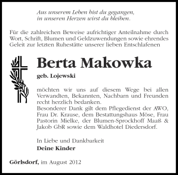 Traueranzeige von Berta Makowka von Märkische Oderzeitung