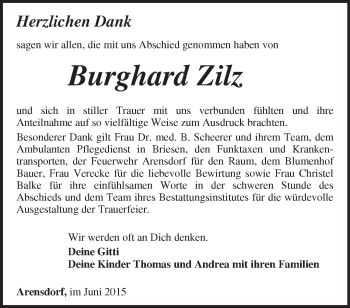 Traueranzeige von Burghard Zilz von Märkische Oderzeitung