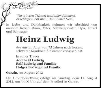 Traueranzeige von Heinz Ludwig von Märkische Oderzeitung