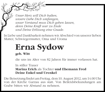 Traueranzeige von Erna Sydow von Märkische Oderzeitung