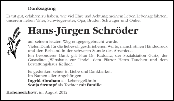 Traueranzeige von Hans-Jürgen Schröder von Märkische Oderzeitung