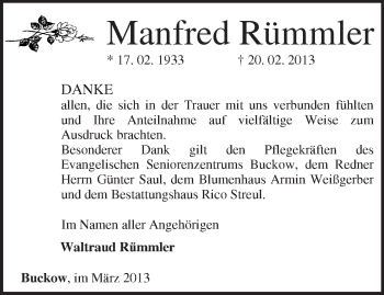 Traueranzeige von Manfred Rümmler von Märkische Oderzeitung