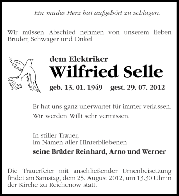 Traueranzeige von Wilfried Selle von Märkische Oderzeitung