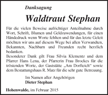 Traueranzeige von Waldtraut Stephan von Märkische Oderzeitung